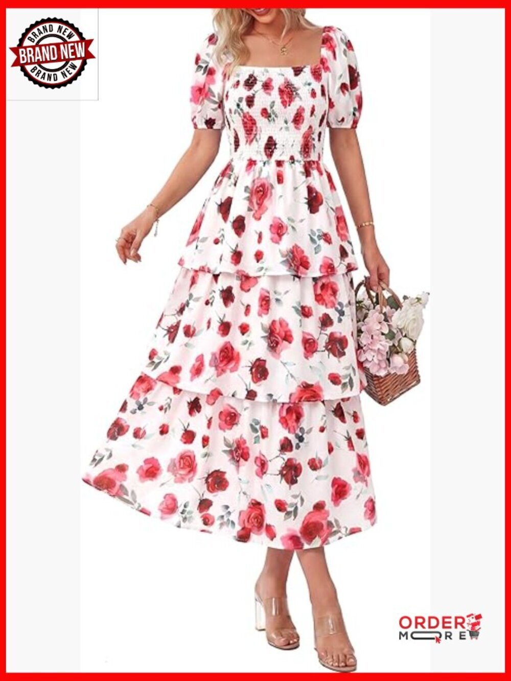Womens Square Neck Smocked Maxi Dress Puff Short Sleeve Floral Tiered Ruffle
